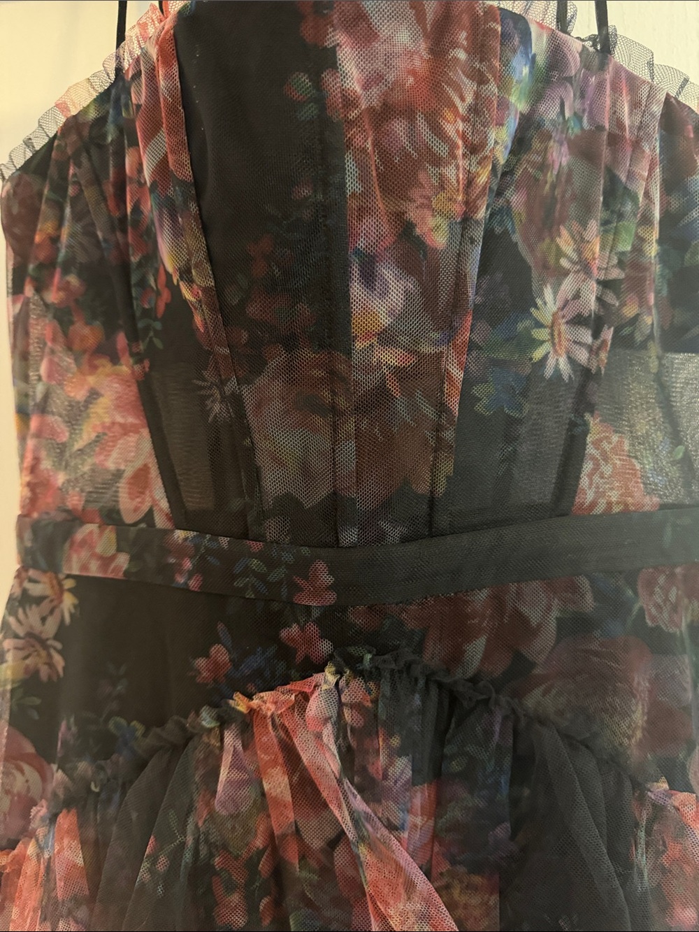 Floral Tiered Tulle Evening Gown in Black and Dusty Rose Floral - Picture 2 of 4